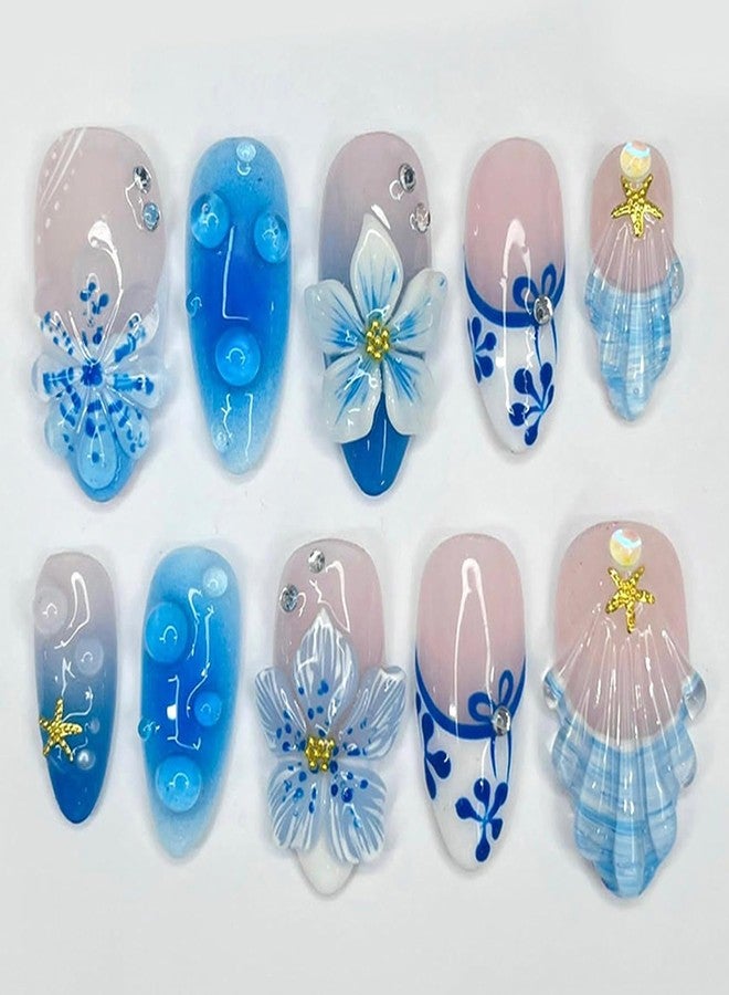 BSBTBZ 30Pcs Blue Flower Press on Nails Medium Almond Summer Beach Fake Nails with 3D Flowers Starfish Design French Nails Cute Stick on Nails Golden Beads Full Cover Manicure False Nail Tips for Women - Image 1